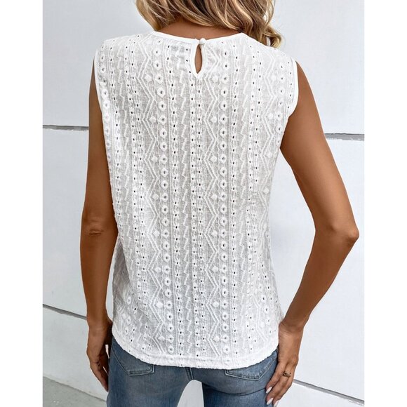 White Boho Embroidered Lace Knit Tunic Tank Top Cut Out Sleeveless Shirt Blouse - Picture 6 of 6